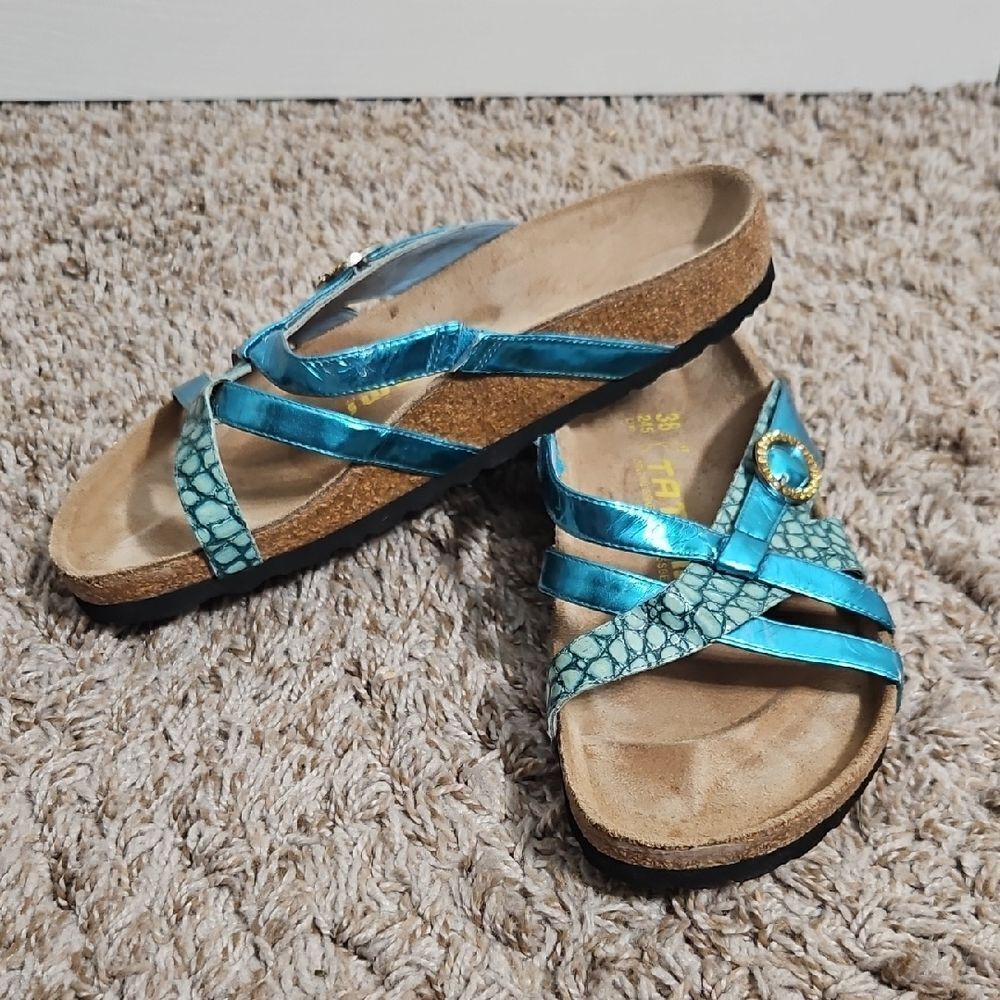 Birkenstock Tatami Sandals Metallic Blue Turquoise Reptile Print EU 38